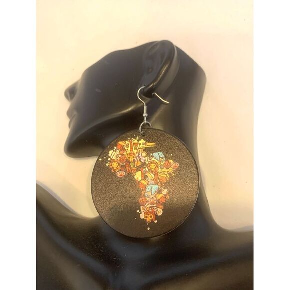 Multicolored Graphic Africa Collage Earrings - Picture 1 of 3